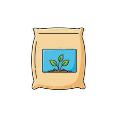 A beige bag of soil with a plant growing out of it