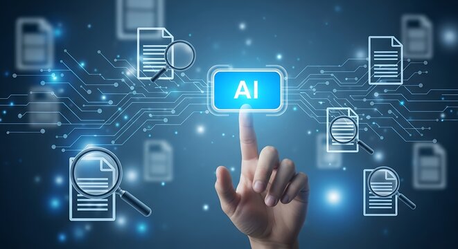 Artificial Intelligence Technology Concept Hand Selecting AI Button with Documents and Circuitry Background for Data Analysis and Automation