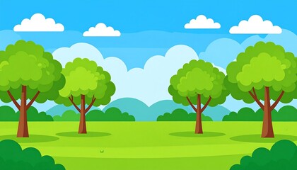 Obraz premium Colorful illustration of a grassy field with trees and clouds.
