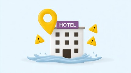 Earthquakes and floods caused a drop in hotel bookings and tourism. A visual representation of hotel cancellations surged, with a natural disaster flood in the background.