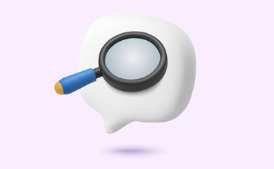 3d chat bubble with magnifying glass, isolated background. Search chat icon in 3d vector illustration. Vector illustration