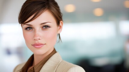 Fototapeta premium A confident young woman in a light blazer stands in a modern office with glass walls,
