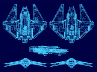 A detailed blueprint of a fighter features intricate wireframe components like wings, engines, and structural elements. The white technical lines contrast sharply against the solid. © German Ovchinnikov