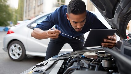 Man using tablet to diagnose car engine problem outdoors
