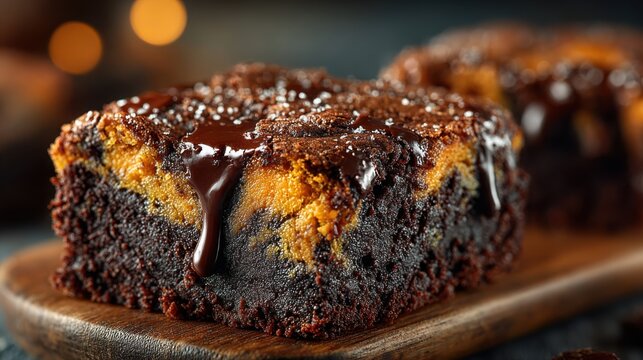 Close up of a chocolate brownie with caramel and sprinkles