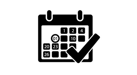 Minimalist outline icon of a desk calendar with a circled date and a large confirmation checkmark.