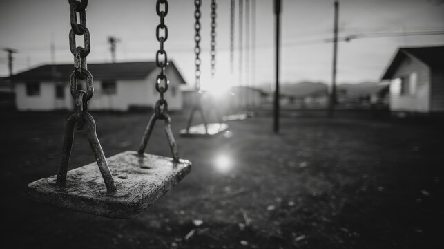 Black and white close up of an empty wooden swing seat on a wet playground at sunset or sunrise
