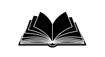 A stylized black silhouette icon of an open hardcover book with its pages fanned out and turning.