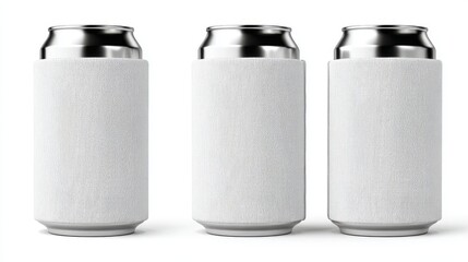 Elegant photo of blank white collapsible beer can koozie mockup isolated, 3d rendering. Empty neoprene cooler holder mock up for tin beverage. Plain drinkware hugger design.