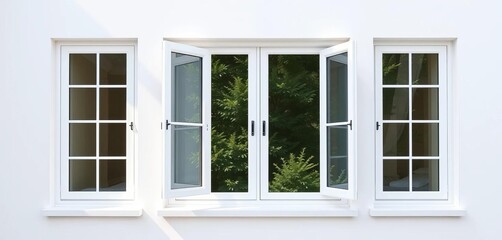 Fototapeta premium Sleek modern white double-hung casement window on pure white backdrop, building material, new construction