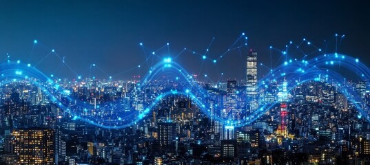 Fototapeta premium Aerial View of a Bustling City at Dusk with Lights Glimmering and Data Flowing Through Networks