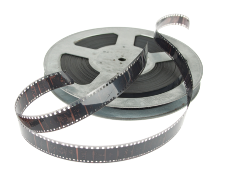 Unwinding Metal Film Reel with Loose Film Strip, isolated on a transparent background