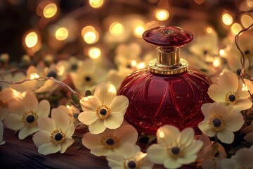 Elegant perfume bottle surrounded by delicate flowers and fairy lights.