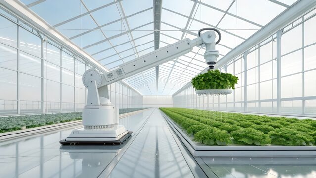 Automated greenhouse farming with robotic arm harvesting crops for sustainable agriculture technology