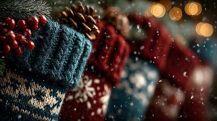 Festive Christmas scene with a close up view of cozy handmade holiday deco ns featuring pine cones knitted textures and winter berries against a snowy blurred background