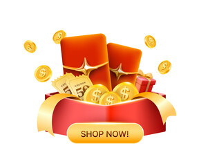 3d red gift box with vouchers or coupon, lucky money, gift boxes inside, golden coins flying around. Popup gift box concept in 3d vector illustration. Vector illustration