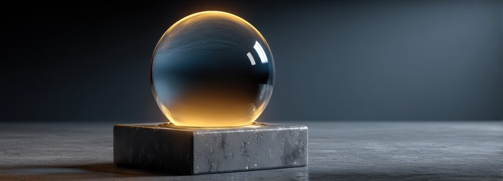 Minimalist golden crystal ball on silver pedestal glows amber in black-blue gradient