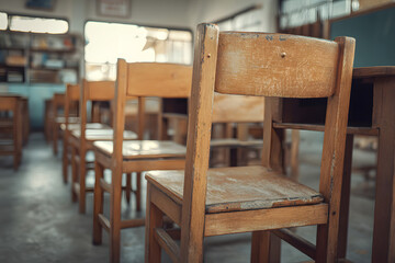 Empty school classroom with vintage tone wooden chairs. Back to school concept