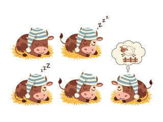 Dreamy Slumber: A charming illustration of a sleepy cow wearing a striped nightcap, nestled comfortably on a bed of straw and dreaming of sheep, evoking a sense of tranquility.