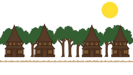 Fototapeta premium Scenic village houses amidst lush trees under bright sunlight digital illustration