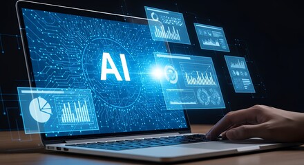Artificial Intelligence Technology on Laptop Screen with Data Charts and Graphs for Business Analysis and Future Innovation Concepts