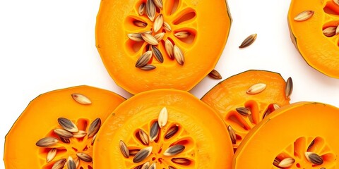 Vibrant orange pumpkin slices with seeds, isolated on white ,  cooking,  slices