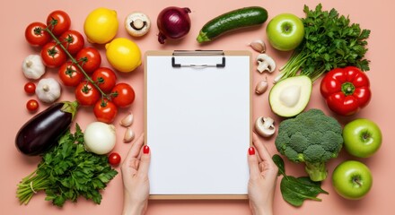 Overhead view of fresh produce with blank clipboard for culinary recipe concepts and healthy eating planning