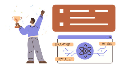Person holding trophy with coding interface, atomic symbol, and formulas. Ideal for education, coding success, scientific innovation, STEM achievements, data visualization, programming simple