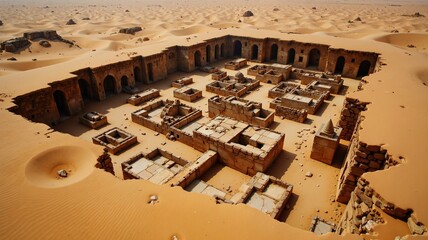 A scale model of an ancient city lies abandoned in the vast desert, surrounded by sand dunes and featuring intricate architectural details reminiscent of historical fortresses and villages