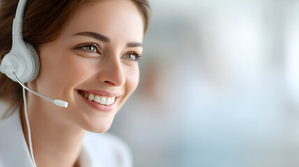 smiling woman wearing a headset, highlighting the warmth of customer service and communication