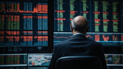 Market Analyst Immersed in Data: A focused individual in a dark suit intently monitors stock market data displayed across multiple screens.