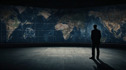Global Contemplation: A silhouette of a person gazes at the world map projection, highlighting themes of globalization, strategy and vision.
