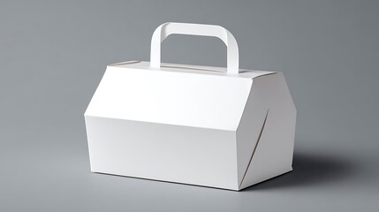 Empty white cardboard pastry box with handle. Modern food packaging mock-up. Simple design on neutral grey background. Suitable for cakes cookies delivery. Product ready for.