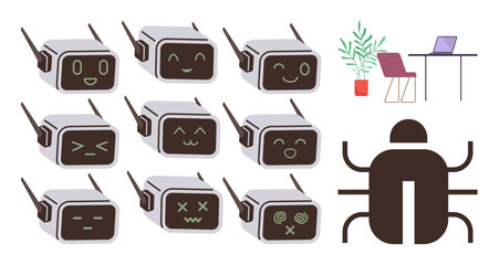 Rows of robots displaying diverse emotions. Nearby a minimalist workstation with desk, chair, plant, and laptop. Ideal for innovation, emotion AI, robotics, workspace technology creativity simple