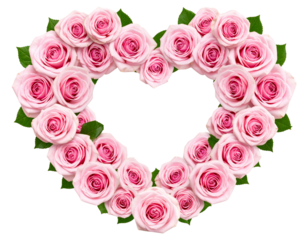 Heart-Shaped Wreath of Fresh Pink Roses, Romantic Floral Arrangement, isolated on transparent background PNG