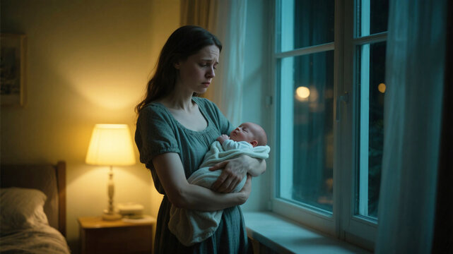 Exhausted mom standing alone in dimly lit room with newborn in arms, representing postpartum loneliness and fatigue