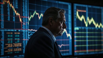 Stock Market Analyst: An experienced stock market analyst meticulously observes financial data on multiple monitors, his focused gaze reflecting the complex patterns of the market.
