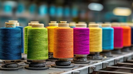 Elegant photo of colorful Threads on Industrial Sewing Machine in Factory Production Line Process Productively.