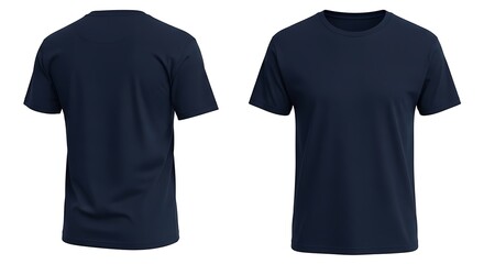 Front and back view of a navy blue short sleeve tshirt isolated on white background