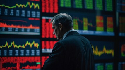Obraz premium Market Insight: A focused individual contemplates the complex patterns and data streams on a large digital display, symbolizing deep contemplation amidst the dynamism of the marketplace.