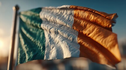 A close-up of the Irish flag waving in the wind, showcasing its vibrant green, white, and orange colors against a blurred background.