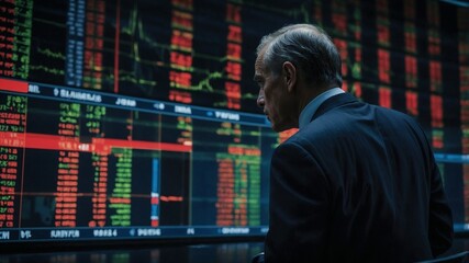 Financial Analyst Observing Data: A seasoned financial analyst, dressed in a sharp suit, intently examines complex stock market data displayed on multiple digital screens.