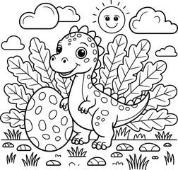 Cute baby dinosaur with egg, cartoon coloring page, black and white line art, happy sun, nature scene, for kids