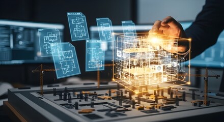 Architect interacting with a holographic 3D model of a building design, alongside floating blueprints and a physical architectural model.
