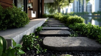 Fototapeta premium Lush green garden path with large stepping stones and dark pebbles leading into a blurred background with warm lights