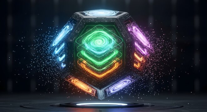 A futuristic, glowing polyhedron with colorful energy emanating from its facets, resting on a reflective surface in a dark environment.