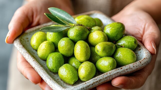Turkish olive grower's hands showcase fresh Edremit olives in a stone dish
