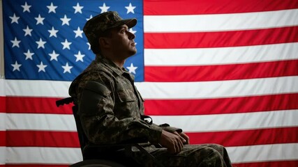 Soldier in wheelchair looks up against american flag backdrop patriotic military veteran remembrance 100 - Powered by Adobe