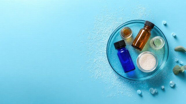 Elegant photo of cosmetic laboratory concept . Glass petri dish with cosmetic products and serum bottles at blue background. Flat lay image with copy space.