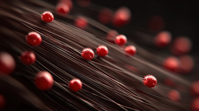 Close-up of a brown-haired scalp showing red nits from lice infestation